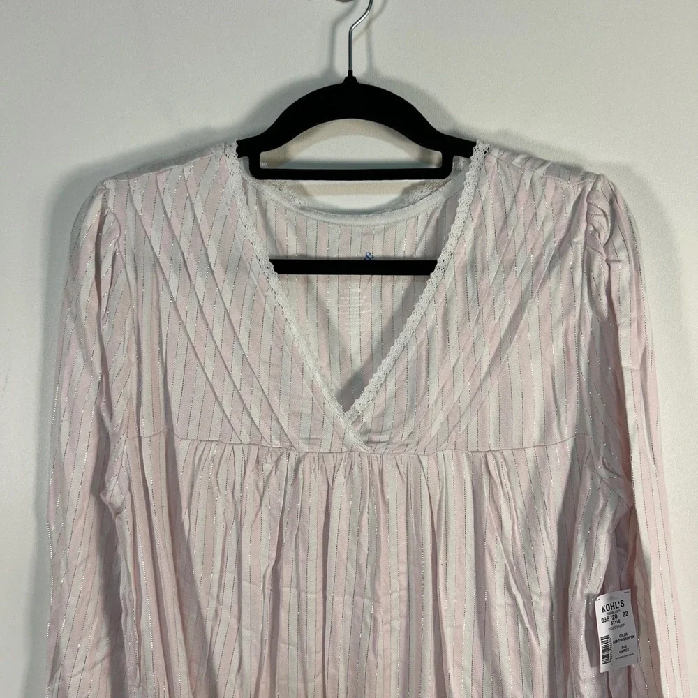 Croft‎ & Barrow Pink White Striped Silver Lurex V-Neck Nightgown women's L NWT